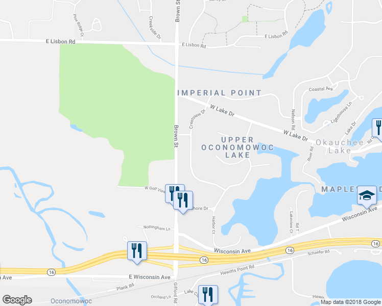 map of restaurants, bars, coffee shops, grocery stores, and more near Crestview Drive in Oconomowoc