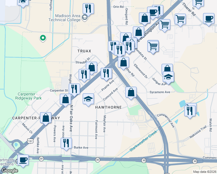 map of restaurants, bars, coffee shops, grocery stores, and more near 3529 Prairie Avenue in Madison