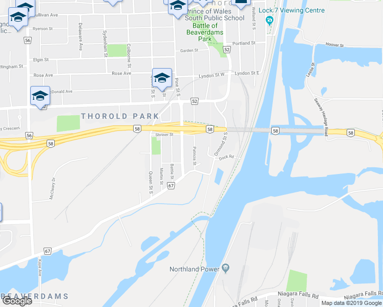 map of restaurants, bars, coffee shops, grocery stores, and more near 61 Patricia Street in Thorold