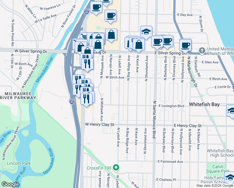 map of restaurants, bars, coffee shops, grocery stores, and more near 5349 North Lydell Avenue in Glendale