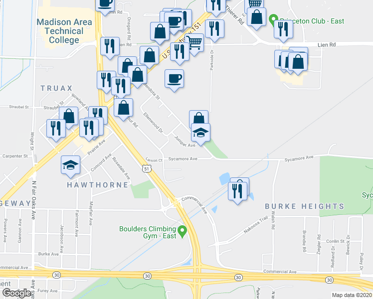map of restaurants, bars, coffee shops, grocery stores, and more near 1209 Juniper Avenue in Madison