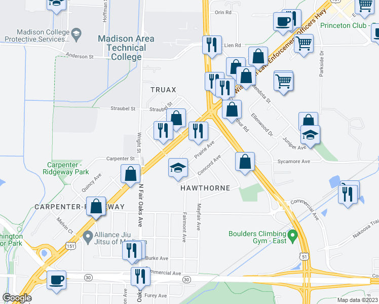 map of restaurants, bars, coffee shops, grocery stores, and more near 3511 Albert Court in Madison
