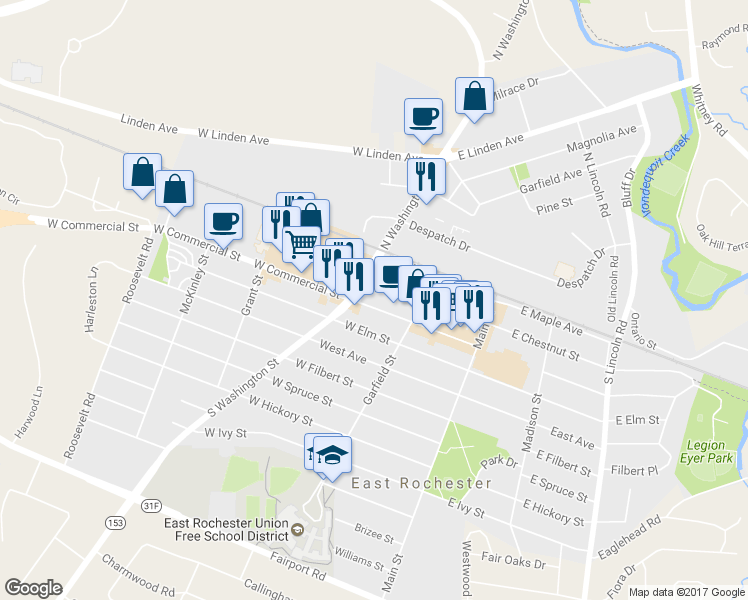 map of restaurants, bars, coffee shops, grocery stores, and more near 227 West Commercial Street in East Rochester