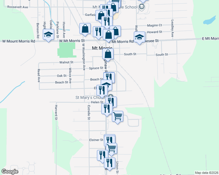 map of restaurants, bars, coffee shops, grocery stores, and more near 11360 Saginaw Street in Mount Morris