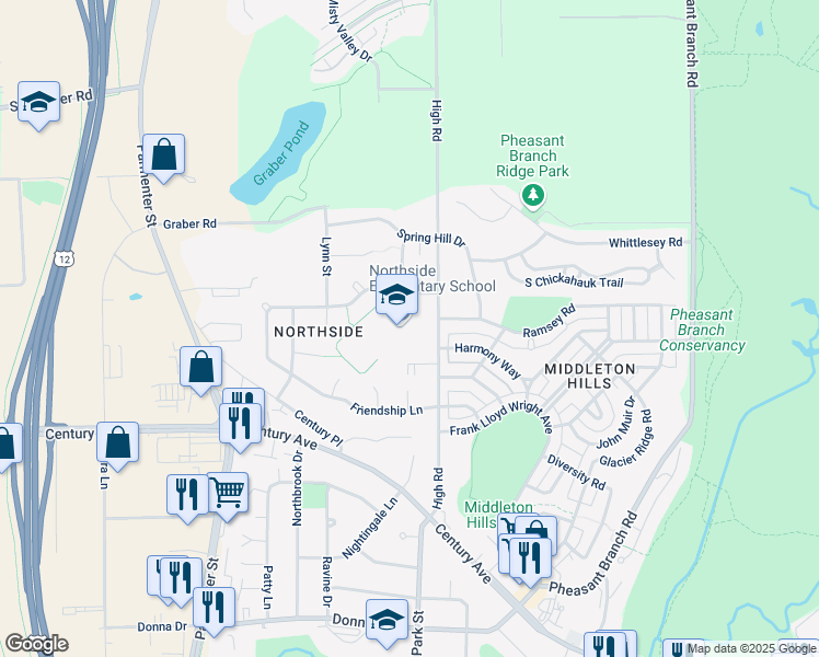 map of restaurants, bars, coffee shops, grocery stores, and more near 3620 High Road in Middleton