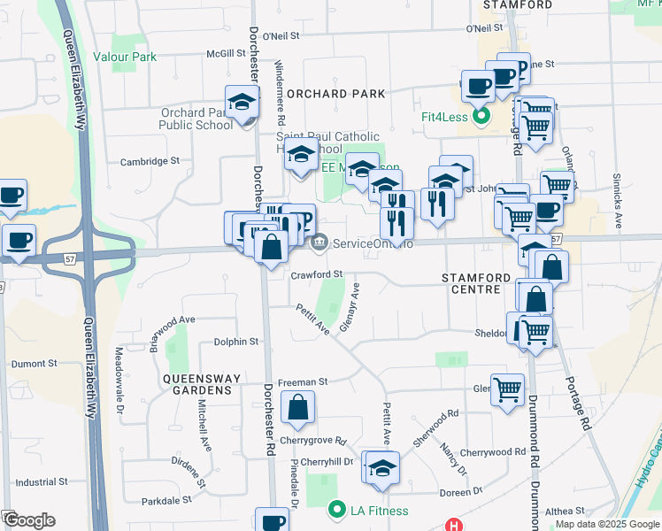map of restaurants, bars, coffee shops, grocery stores, and more near 6725 Confederation Avenue in Niagara Falls