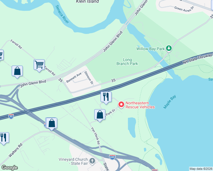 map of restaurants, bars, coffee shops, grocery stores, and more near 356 Long Branch Road in Syracuse
