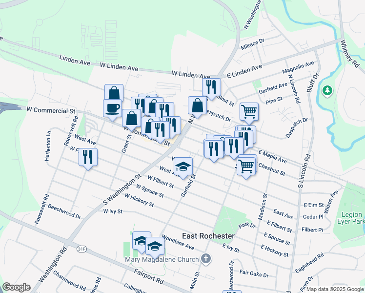 map of restaurants, bars, coffee shops, grocery stores, and more near 237 West Commercial Street in East Rochester