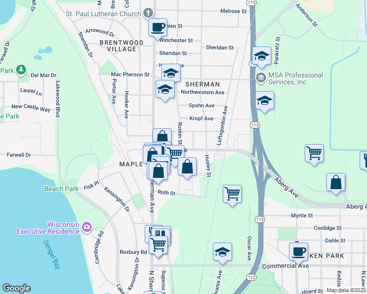 map of restaurants, bars, coffee shops, grocery stores, and more near 1301 Ruskin Street in Madison