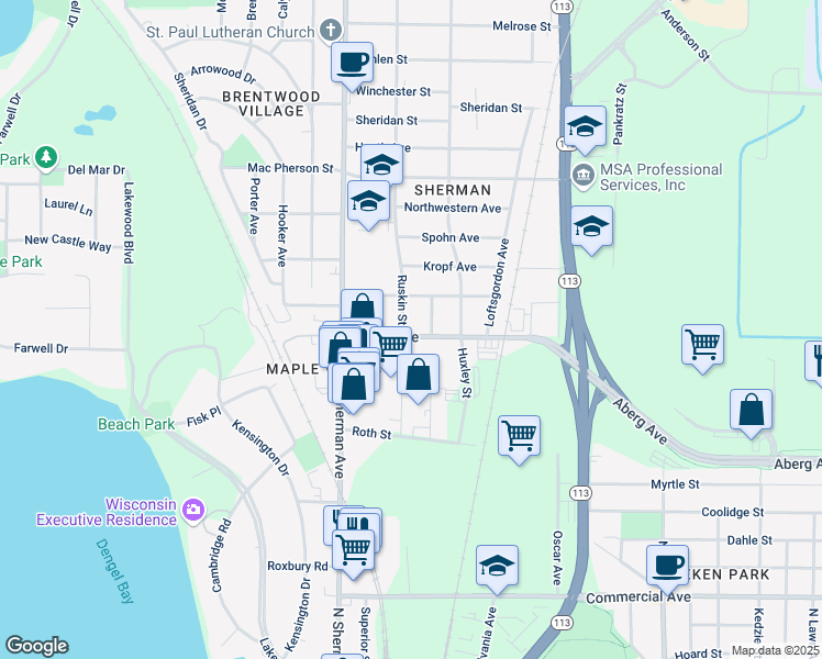 map of restaurants, bars, coffee shops, grocery stores, and more near 1301 Ruskin Street in Madison