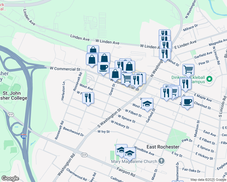 map of restaurants, bars, coffee shops, grocery stores, and more near 404 Grant Street in East Rochester