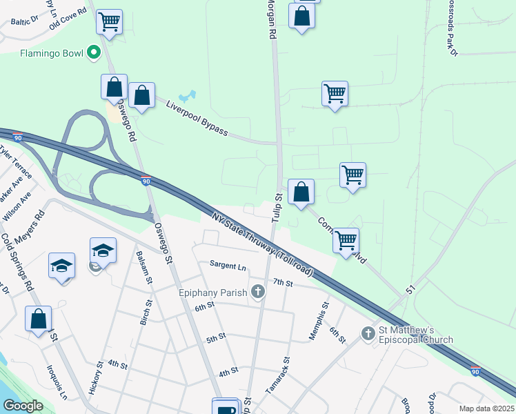 map of restaurants, bars, coffee shops, grocery stores, and more near 1223 Tulip Street in Liverpool