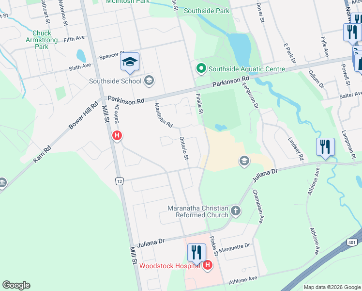 map of restaurants, bars, coffee shops, grocery stores, and more near 442 Ontario Street in Woodstock