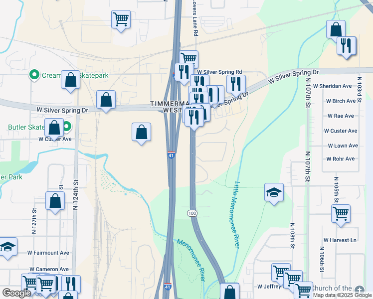 map of restaurants, bars, coffee shops, grocery stores, and more near 5315 Wisconsin 100 in Milwaukee