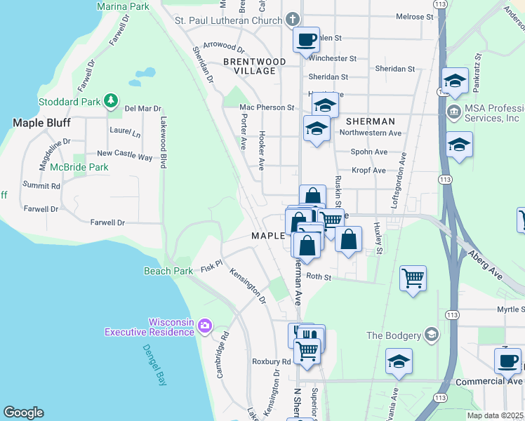 map of restaurants, bars, coffee shops, grocery stores, and more near 98 Maple Wood Lane in Madison