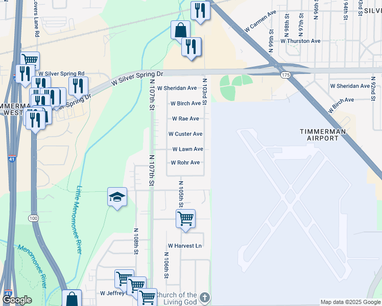 map of restaurants, bars, coffee shops, grocery stores, and more near 10411 West Lawn Avenue in Milwaukee