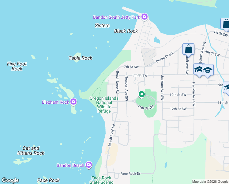 map of restaurants, bars, coffee shops, grocery stores, and more near 943 Portland Avenue Southwest in Bandon