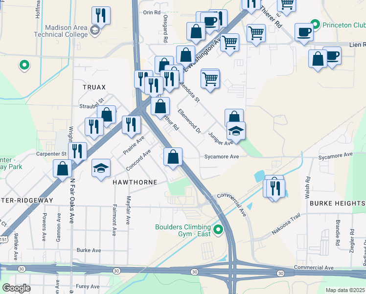 map of restaurants, bars, coffee shops, grocery stores, and more near 1350 Mac Arthur Road in Madison