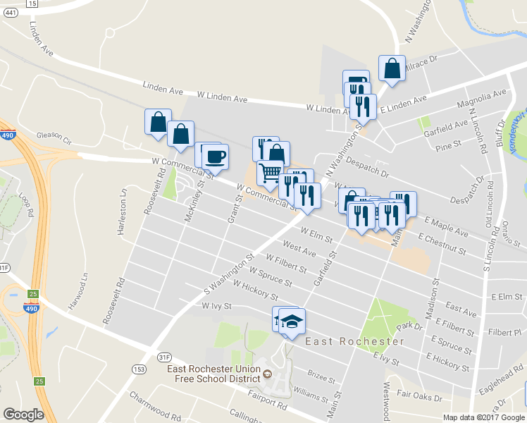 map of restaurants, bars, coffee shops, grocery stores, and more near 323 West Elm Street in East Rochester