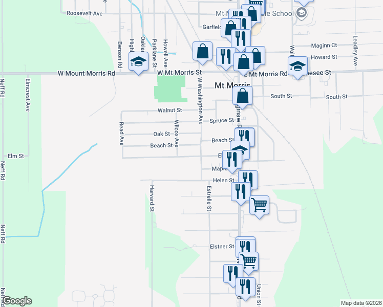 map of restaurants, bars, coffee shops, grocery stores, and more near 531 Elm Street in Mount Morris