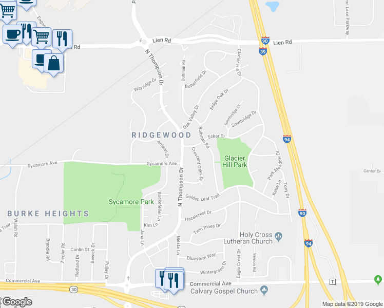 map of restaurants, bars, coffee shops, grocery stores, and more near 5150 Crescent Oaks Drive in Madison