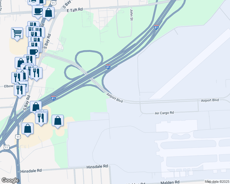 map of restaurants, bars, coffee shops, grocery stores, and more near 499 Col Eileen Collins Boulevard in Syracuse