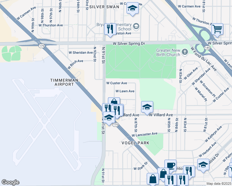 map of restaurants, bars, coffee shops, grocery stores, and more near 5310 North 90th Street in Milwaukee