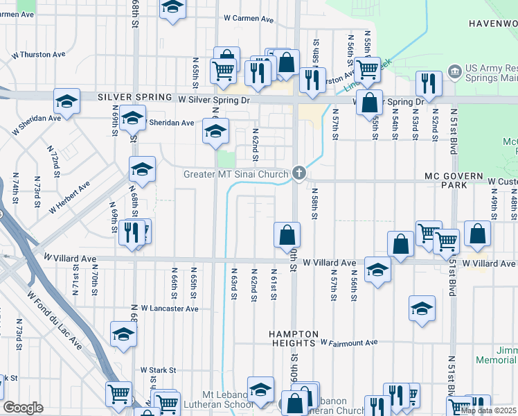 map of restaurants, bars, coffee shops, grocery stores, and more near 5324 North 62nd Street in Milwaukee