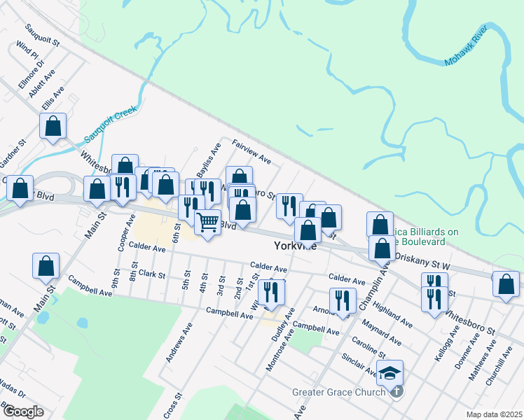 map of restaurants, bars, coffee shops, grocery stores, and more near 4 Oatley Avenue in Yorkville