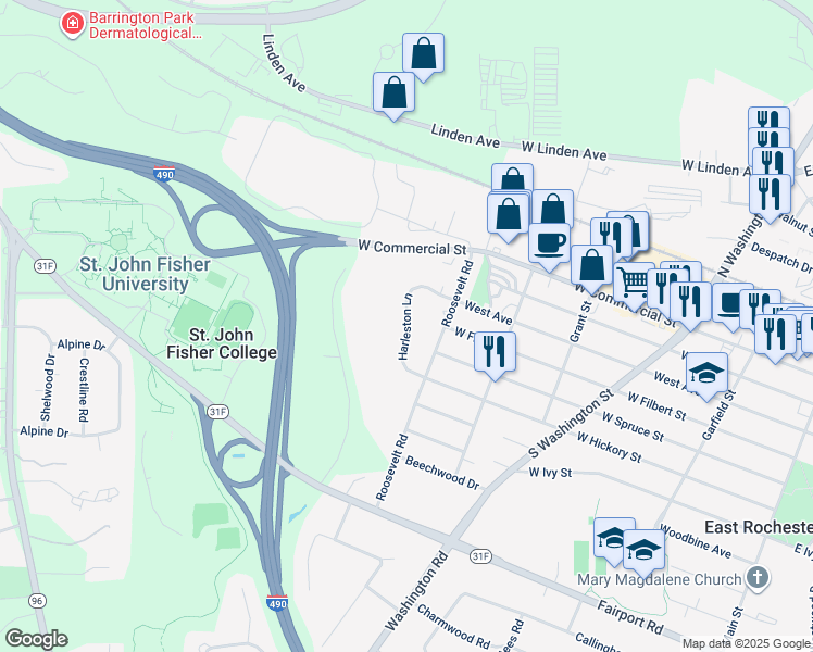 map of restaurants, bars, coffee shops, grocery stores, and more near 14 Harleston Lane in East Rochester