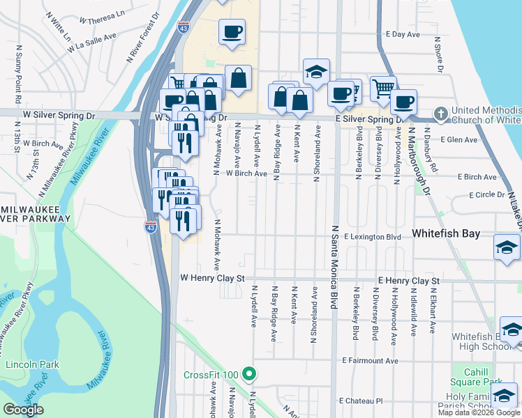 map of restaurants, bars, coffee shops, grocery stores, and more near 5349 North Lydell Avenue in Glendale