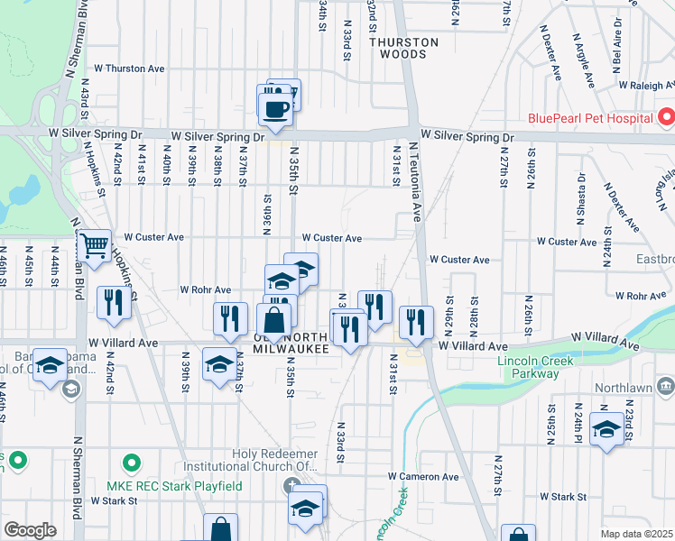 map of restaurants, bars, coffee shops, grocery stores, and more near 5331 North 33rd Street in Milwaukee