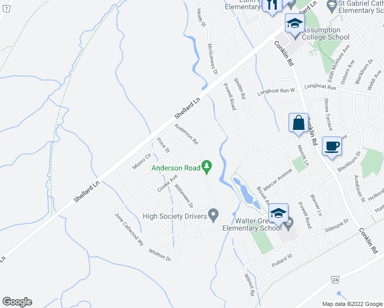 map of restaurants, bars, coffee shops, grocery stores, and more near 109 Longboat Run West in Brantford