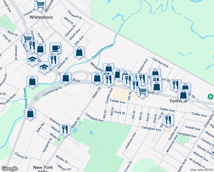 map of restaurants, bars, coffee shops, grocery stores, and more near 821 Oriskany Boulevard in Yorkville