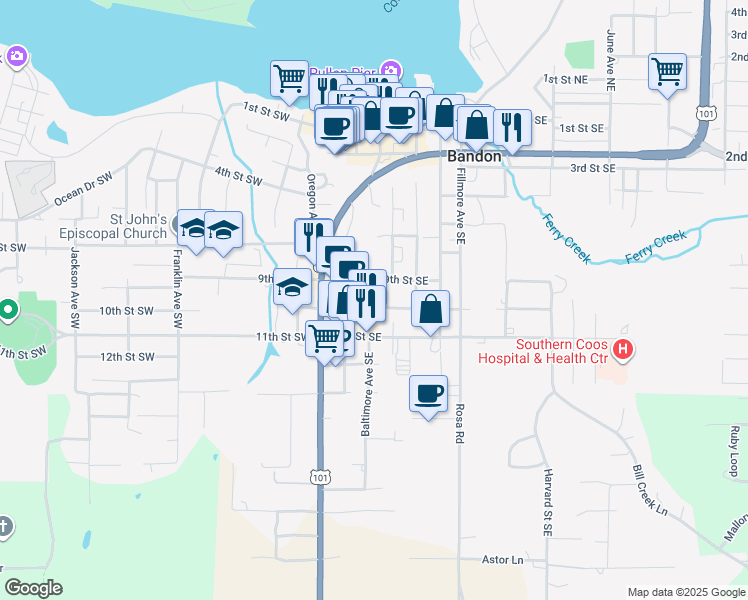 map of restaurants, bars, coffee shops, grocery stores, and more near 277 10th Street Southwest in Bandon