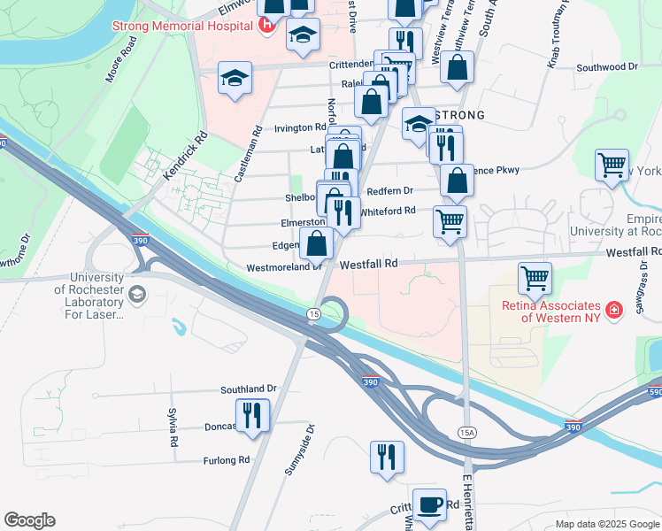 map of restaurants, bars, coffee shops, grocery stores, and more near Mount Hope Avenue & Westfall Road in Rochester