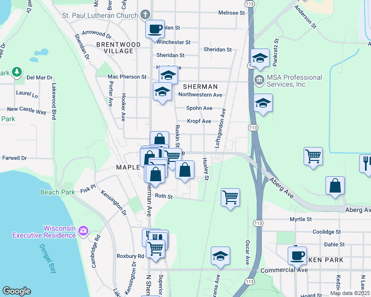 map of restaurants, bars, coffee shops, grocery stores, and more near 1301 Ruskin Street in Madison