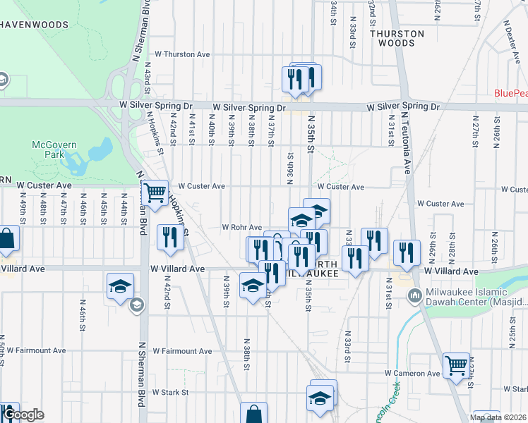 map of restaurants, bars, coffee shops, grocery stores, and more near 5372 North 37th Street in Milwaukee