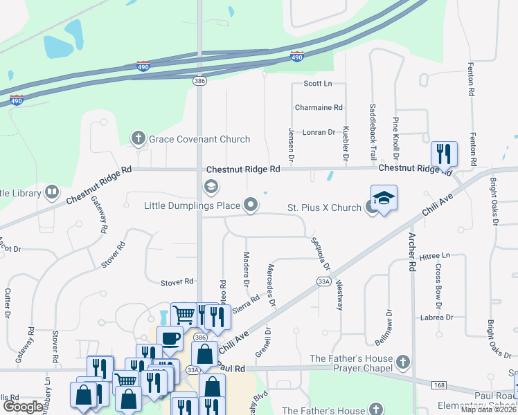 map of restaurants, bars, coffee shops, grocery stores, and more near 31 Laredo Drive in Rochester