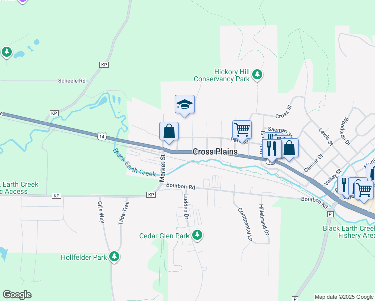 map of restaurants, bars, coffee shops, grocery stores, and more near 1203 Main Street in Cross Plains