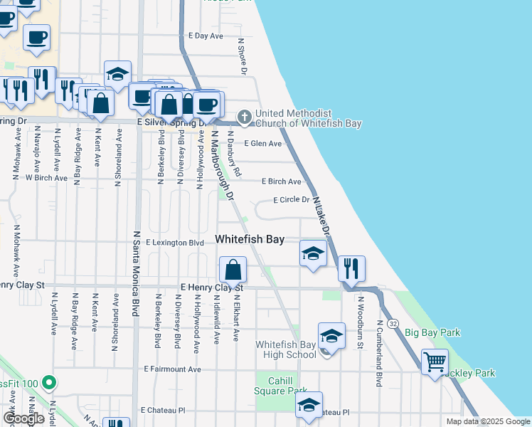 map of restaurants, bars, coffee shops, grocery stores, and more near 1030 East Circle Drive in Whitefish Bay