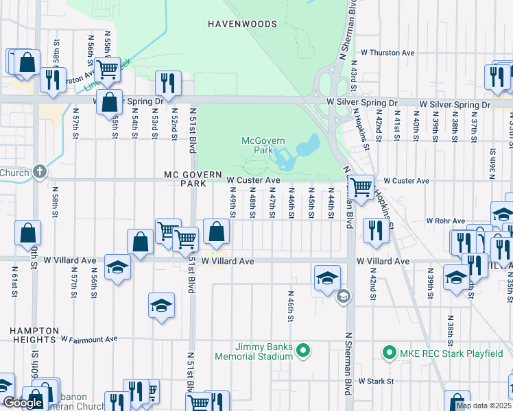map of restaurants, bars, coffee shops, grocery stores, and more near 5330 North 48th Street in Milwaukee