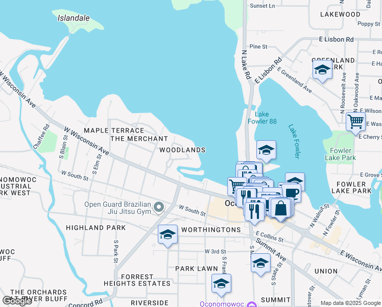 map of restaurants, bars, coffee shops, grocery stores, and more near 305 Woodland Lane in Oconomowoc