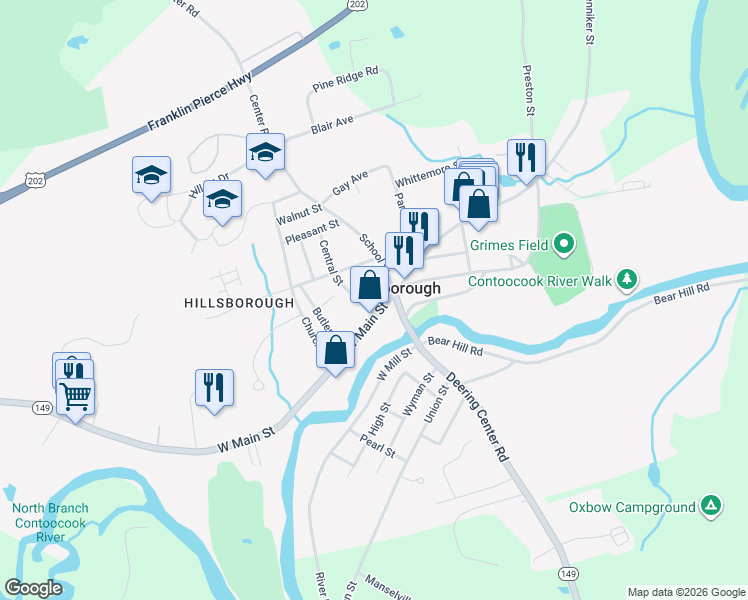 map of restaurants, bars, coffee shops, grocery stores, and more near 5 Central Street in Hillsboro