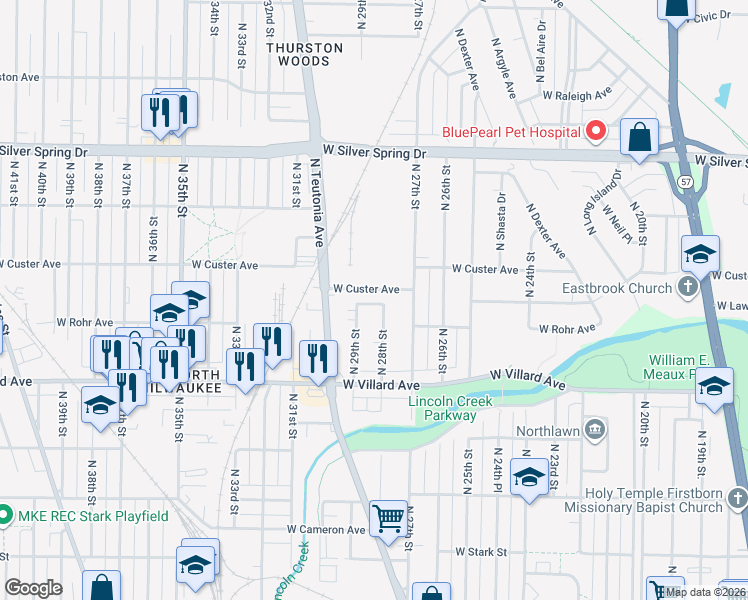 map of restaurants, bars, coffee shops, grocery stores, and more near 2801 West Custer Avenue in Milwaukee