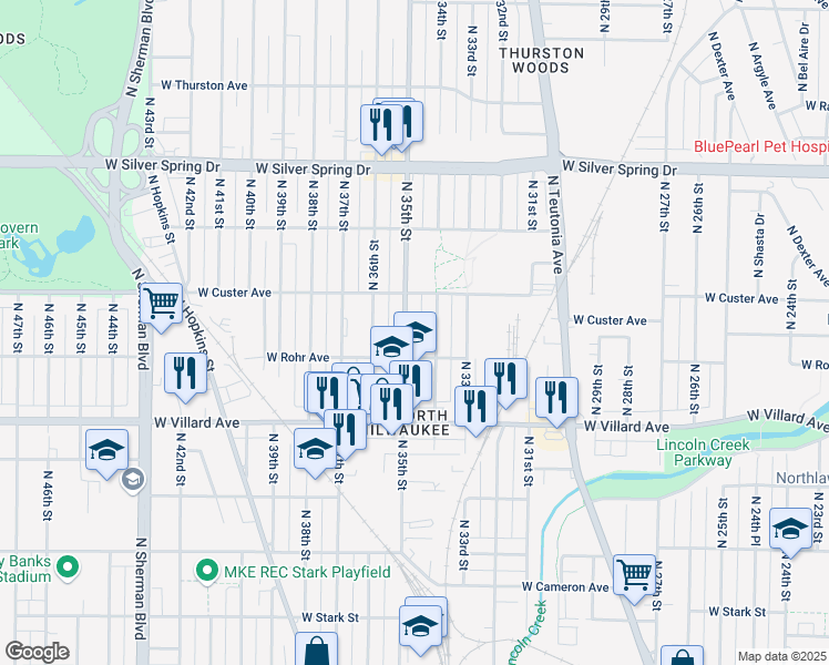map of restaurants, bars, coffee shops, grocery stores, and more near 5337 North 34th Street in Milwaukee