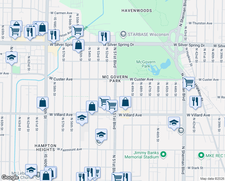 map of restaurants, bars, coffee shops, grocery stores, and more near 5329 North 51st Boulevard in Milwaukee