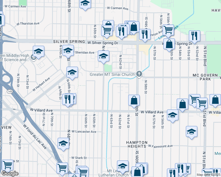 map of restaurants, bars, coffee shops, grocery stores, and more near 5325 North 63rd Street in Milwaukee