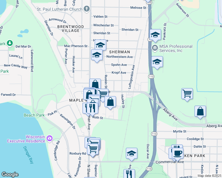 map of restaurants, bars, coffee shops, grocery stores, and more near 1301 Ruskin Street in Madison