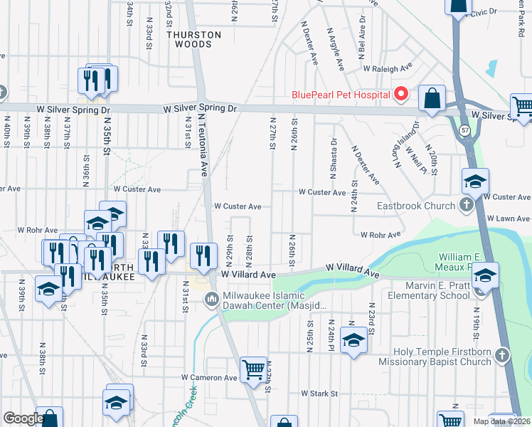 map of restaurants, bars, coffee shops, grocery stores, and more near 5335 North 27th Street in Milwaukee